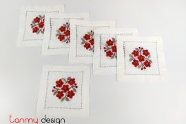 Set of 6 coasters hand-embroidered with red peach blossoms 10*10 cm